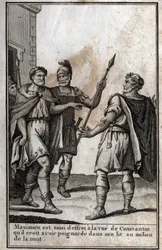 Maximian Hercules (Marcus Aurelius Valerius Maximianus) (asi 250-310), římský císař, je zachvácen strachem při pohledu na Konstantina (Konstantin I., Flauius Valerius Aurelius Constantinus, 272-306), svého zetě, kterého myslí si, že bodl ve své posteli i