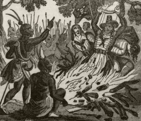 „McFarren, jeho kamarád a čtyři členové posádky, upálení domorodci ze Sandwichových ostrovů“, kolem roku 1836