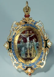 Medailon v emailu na kulatém zlatém hrbolku zdobí ukřižování a let do Egypta. Debut 16. století Sun. h. 7 cm. Paříž. muzeum Louvre