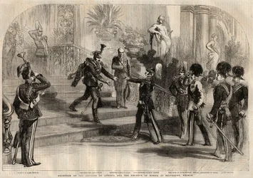Setkání ruského cara Alexandra II. (1818-1881) a rakouského císaře Františka Josefa I. (1830-1916) v Belvederu ve Výmaru (Německo). Zleva doprava: Alexandr II., František Josef I., Karel Alexandr, velkovévoda sasko-výmarsko-eisenašský