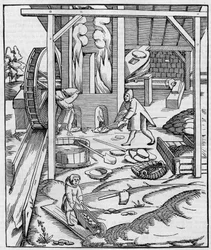 Dmychadlo kovové pece poháněné hydromotorem. Fac simile (Fac-simile) rytiny publikované v „“ Cosmographie““ (1555) od Sebastiena Munstera. Gravírování do „“ Příroda: přehled věd a jejich aplikací v umění a průmyslu „“ z 10