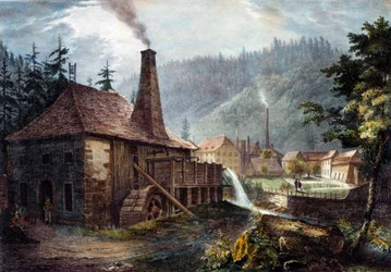 Hutnictví: Pohled na Framontovy kovárny. Litografie kolem roku 1850. Nancy, historické muzeum Lorraine