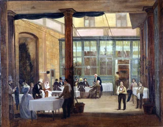 Milán, jídelna hotelu Rebecchino. 1830 Stendhal žil v tomto hotelu, stejně jako v mnoha dalších v Itálii, svobodný a bez peněz. Museo Milano, Milán