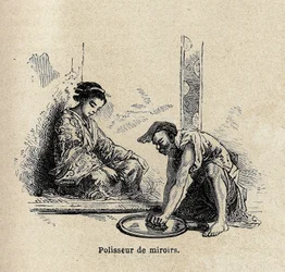 Leštička na zrcadla. Rytina k ilustraci plavby do Japonska v letech 1863-1864 od Aime Humberta, ministra Švýcarské konfederace, v „Le tour du monde, nouveau journal des voyages“, vydaném pod vedením Edouarda Chartona