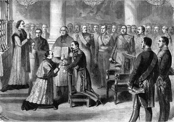 Monsignor Georges Darboy (1813-1871) pařížský archheveque složil v roce 1863 v kapli Tuileries přísahu do rukou Napoleona III.