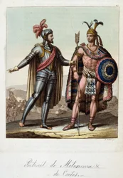 Montezuma II., aztécký král a Hernan (nebo Hernando) Cortes nebo Fernand Cortez (1485-1547), španělský dobyvatel - v „“Starém a moderním kostýmu““ od Ferrario, ed. Milán