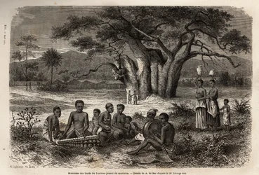 Hudebníci hrající na marimbu (směs balafonu a předkolumbovských nástrojů) na břehu řeky Zambese. Rytina pro ilustraci prvních plaveb Dr. Livingstonea do jižní Afriky v letech 1840 až 1856 v „Le tour du monde, nouveau journal des voyages““