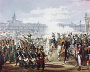 Napoleon Bonaparte (1769-1821) hodnotí Lombardskou a Cispadanskou legii milice dne 09.07.1797 Akvarel rytina. Milán, Museo del Risorgimento