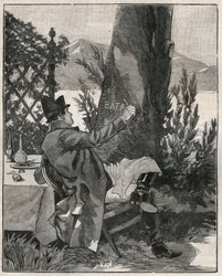 Napoleon Bonaparte (1769-1821) napsal slovo „Battaglia“ na kmen vavřínu na ostrově Isola Bella u jezera Maggiore (Lago Maggiore), tři dny před bitvou u Marenga v roce 1800. Rytina z roku 1885 v „“ Les arts et metiers illustres“