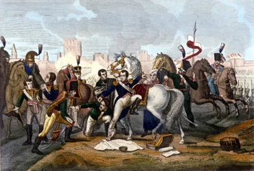 Napoleon I. raněn před Regensburgem 23. dubna 1809. Rytina 19. stol.