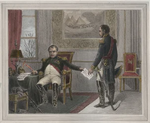 Napoleon podepisuje svou abdikaci 1814 - Napoleon Bonaparte (1769-1821) ve Fontainebleau během své první abdikace, podepsán v dubnu 1814 Rytina v „Les Fastes Populaires, ou Histoire des actes heroiques du peuple et de son influence sur les sciences, le