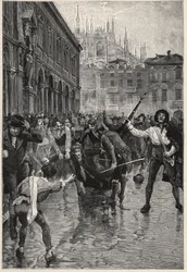 Napoleonova abdikace podporuje nepokoje v Miláně a Giuseppe Prina, neoblíbený ministr financí, je vláčen ulicemi a nakonec zabit davem na náměstí Piazza San Fedele v Miláně, 20. dubna