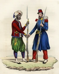 Domorodí a francouzští lovci francouzské armády Afriky v Alžírsku v roce 1830. V “” Storia d