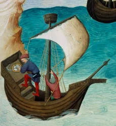 Navigátoři v Indickém oceánu orientovaní s hvězdami a astrolábem. Miniatura v „“Knize divů světa“, paní 2810, folio 188v osvícené mistrem z Egertonu, napsané Johnem (Jehanem) de Mandeville (1300? 1382). Kolem 1410-1412. BN, Paříž