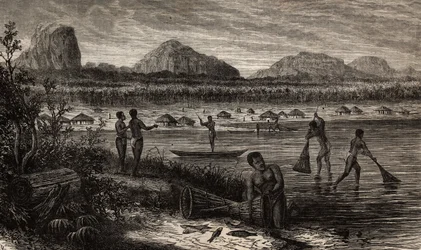 V blízkosti kataraktů Rovuma (Mozambik), rybolovné činnosti ryb. Rytina pro ilustraci prvních plaveb Dr. Livingstonea do jižní Afriky v letech 1840 až 1856 v „Le tour du monde, nouveau journal des voyages““ publikovaném pod vedením