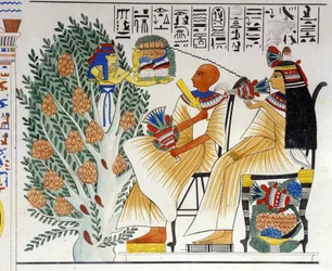 Nephtys, egyptská bohyně, vyvěrá z mystického stromu a nabízí jídlo zesnulému - v „Památkách Egypta a Horní Núbie“ od Ippolita Roselliniho (Rossellini). 19. století.