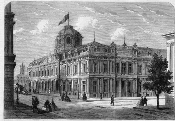 Nový obchodní dvůr v Paříži Quai de Corse (bývalé Quai Desaix) na Ile de la Cite, postavený podle plánů architekta Antoine Nicolase Louis Bailly (1810-1892) se souhlasem prefeta Georgese Eugena Haussmanna (baron Haussmann