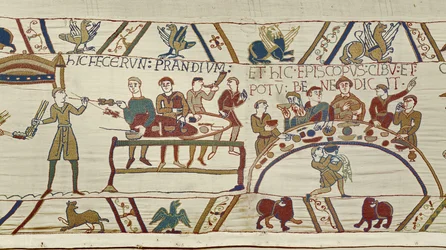 Normanští sluhové připravují pro Williama banket a biskup Odo žehná jídlu, Bayeux Tapestry (vlněná výšivka na plátně)