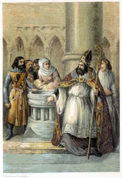 Notger (930-1008), předvečer Lutychu, během křtu Ottona III. (980-1002), německého krále. Chromolitografie 19. století.