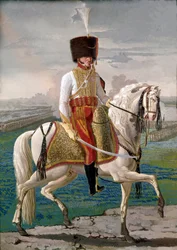 Důstojník velitů na koni, vojenského sboru vytvořeného na počest císaře Napoleona I. Počátek 19. století. Museo Nazionale di San Martino, Neapol.