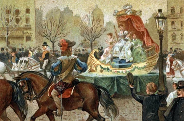 Starý zvyk oslavovaný v regionu Ile de France: střední půst v Paříži. Chromolitografie konce 19. století.