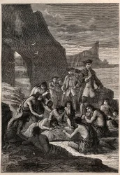 Jeden z nich odpojený se zuby: viceadmirál John Byron (1723-1786) na jednom z ostrovů v Detroitu Magellan - Fuegové (obyvatelé Ohňové země) svými zuby rozebírají roztrhanou a zkamenělou velrybu na pláži - nemocný