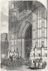 Otevření nového parlamentu - příjezd Jejího Veličenstva do Victoria tower, House of Lords 1852