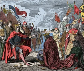 Otakar II. (1230-1278) pocta Rudolfu I. - Otakar II. (1233-1278) český král, vzdává poctu Rodolfu I. Svaté říše (nebo Rodolfu IV. Habsburskému) (1218-1291), po bitvě u Marchfeldu v roce 1278 -