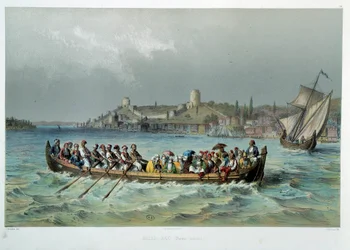 Osmanská říše: omnibusová loď v Konstantinopoli (Istanbul). Litografie 19. století. Dekorativní umění, Paříž