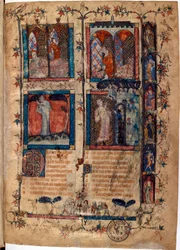 Iluminovaná stránka z rukopisu "Le Roman de la Rose"" od Guillaume de Lorris (asi 1200-1238) a Jean de Meun (Meung) (1240-1305) asi 1353 Švýcarsko Bibliotheque de Geneve