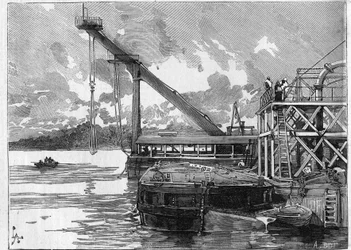Panamský průplav funguje. Hlavní stroje: Velký ponton. Gravírování v „“Le Monde Illustré““