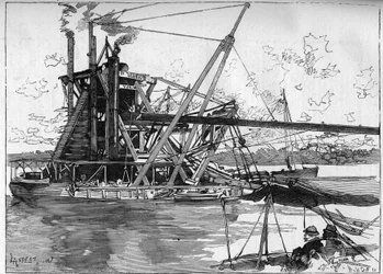 Panamský průplav funguje. Hlavní stroje: velký americký bagr. Gravírování v „“Le Monde Illustré““