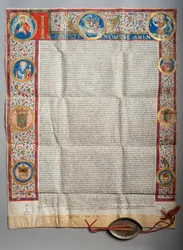 Papežská bula. Papež Pavel III., eucharistická. Pergamen. Miniaturní malba. 1535.