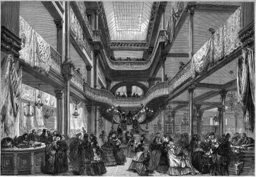 Paříž 1872: interiér nových obchodů, „levně““.