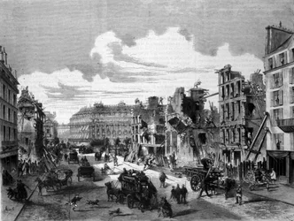 Paříž, demolice rue de la Paix pro otevření rue de Reaumur. 1868. Rytina 19. stol.
