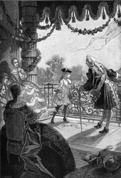 Paříž, Tuileries (1721): Francouzský král Ludvík XV. (1710 - 1774) se ukazuje na balkóně Tuileries. Rytina 19. století. V „Histoire de France“ od Julese Micheleta