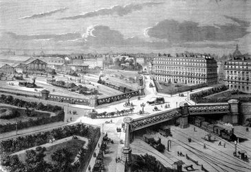 Paříž, nové místo Evropy na západní železnici. 1868. Rytina 19. stol.