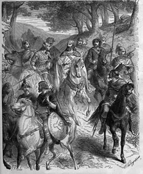 Průchod Alp Karlem Velikým (747-814), králem franků. Karel Veliký podrobuje Langobardy. Rytina v „“ Histoire De France En Cent Paintings od Paula Lehugeura „“ 1891.
