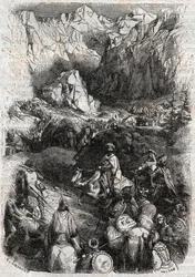 Přechod Pyrenejí Maury - rytina z roku 1851 z díla „Zuřivý Roland“ (Orlando furioso) (16. století) od Ludovica Ariosta - vydání přeložené z italštiny hrabětem de Tressan a vydané Gustavem Havardem roku 1851