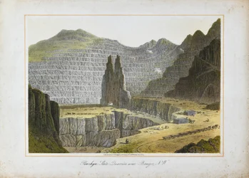 Břidlicové lomy Penrhyn, poblíž Bangoru, Severní Wales (ručně kolorovaná litografie na papíře)