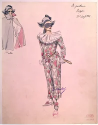 Kostým Peppe oblečený v harlekýnu pro operu “” Paillasse”” (pagliacci, klauni) od Ruggera Leoncavalla (1857-1919) z roku 1892. Paříž, Knihovna operního muzea