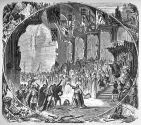 Provedení „“Tannhauser”” od Richarda Wagnera v pařížské opeře v roce 1861. Závěrečná scéna druhého jednání. Alphonse kresba Neuville.