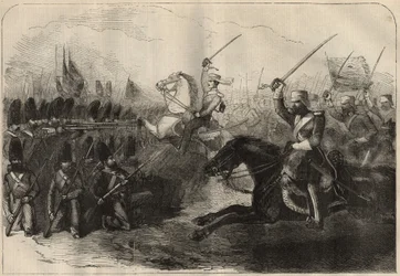 Perská Anglo (Anglo-Perská) válka (1856-1857): útok 3. britské indoské kavalérie pod velením kapitána Forbese během bitvy u Koosh-Ab (Koosh Ab, Kooshab) 8. února