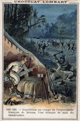 Pierre Savorgnan de Brazza (1852-1905), francouzský cestovatel, na březích Konga. Noční útok na tábor.