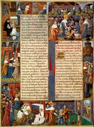 Pietní scéna: „“ Král Ludvík IX. (1214-1270) (Svatý Ludvík) umývá nohy chudým, král se modlí a výjevy z křesťanské lásky od krále““ Miniatura z rukopisu „“ Kniha faktů Monsignora sv. Louis““ 15. století. Paříž, B.N