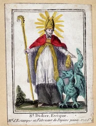 Zbožný obraz zobrazující Saint Didier Eveque (s drakem) - Francie 19.