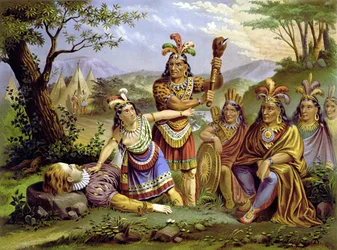 Pocahontas zachránil kapitána Johna Smithe. Chromolitografie kolem roku 1870.