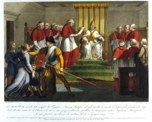 Papež Pius VII. (1742 - 1823) dne 10. června 1809 exkomunoval Napoleona Bonaparta. Rytina 19. století.