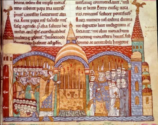 Papež Urban II (1042-1099) před oltářem opatství Cluny. Potvrdil výsady a majetky opatství Cluny a v roce 1088 přiznal opatství Hughes používání biskupských ozdob. Miniatura z letopisů Cluny