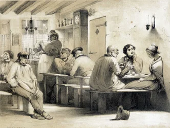 Oblíbený hostel “”Le Carpet Franc””. Ilustrace 19. století.